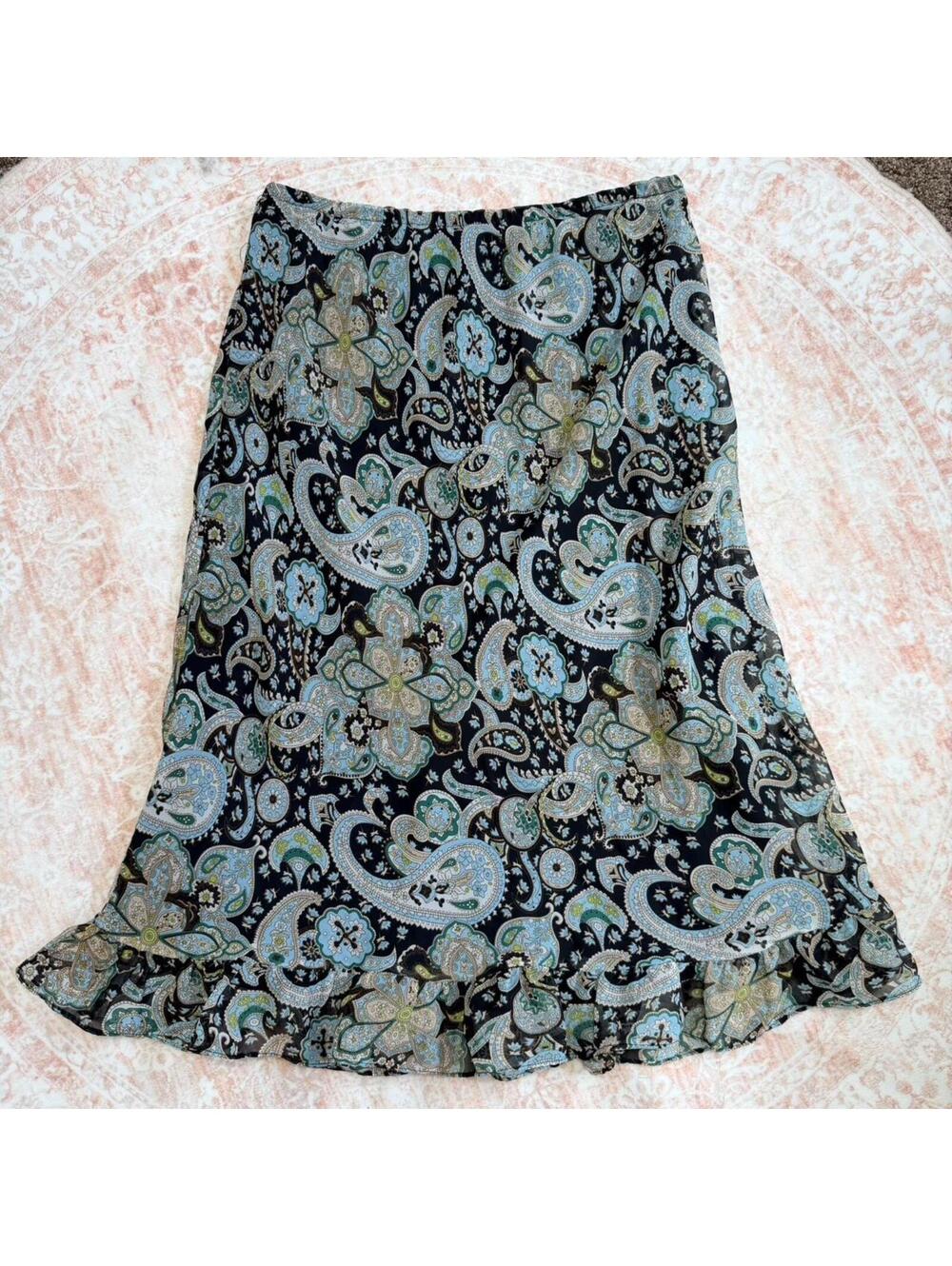 Vintage paisley midi skirt with a soft flowy fit and ruffle hem detail